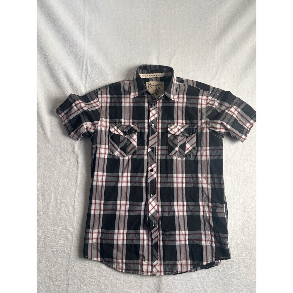 Y2K Coastal Plaid‎ Short Sleeve Button Down Collared Shirt Men's Medium *